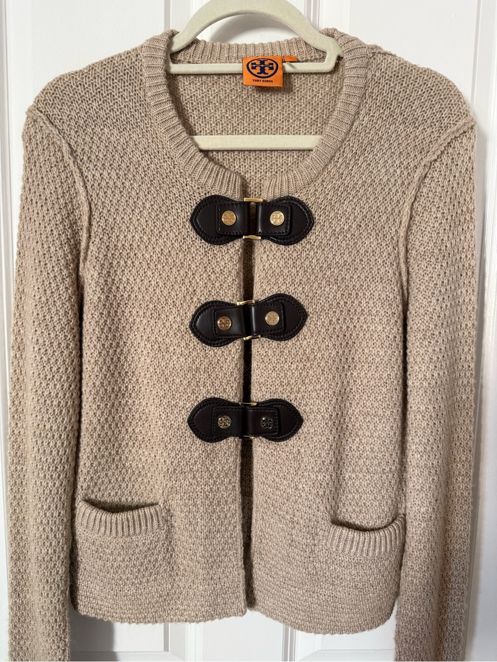 Tory Burch Beige Knit Cardigan with Dark Leather Toggle Closures